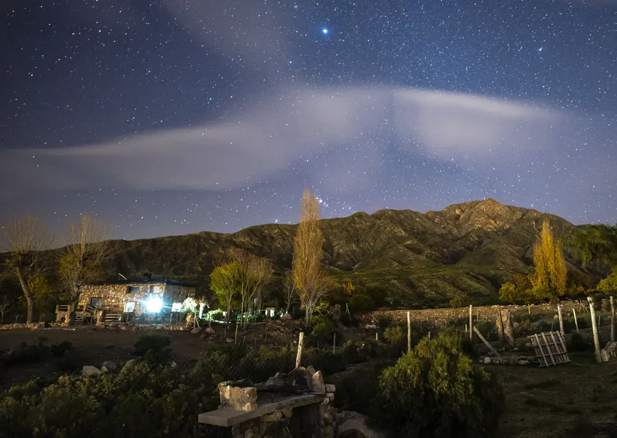 Casa iluminada de noche bajo las estrellas, entre álamos